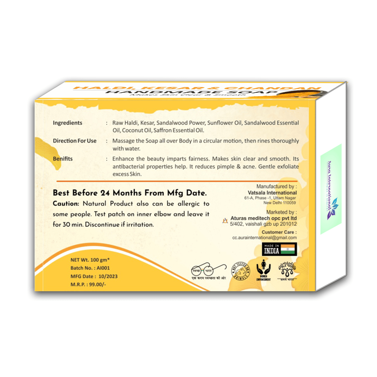 Haldi-Kesar-Chandan Handmade Soap - Ingredients- Aura International Haldi-Kesar-Chandan Handmade Soap - Ingredients- Aura International